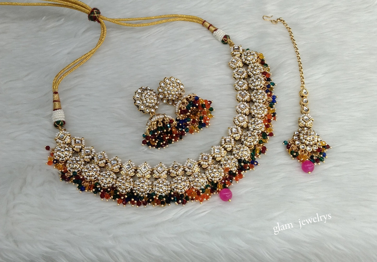 Gold Multi Colour Kundan necklace Set/ kundan Indian jewellery Mila sets