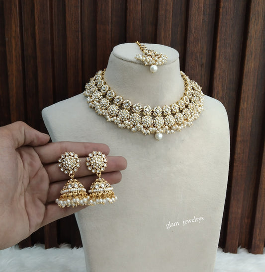 Gold White Kundan necklace Set/ kundan Indian jewellery Mila sets