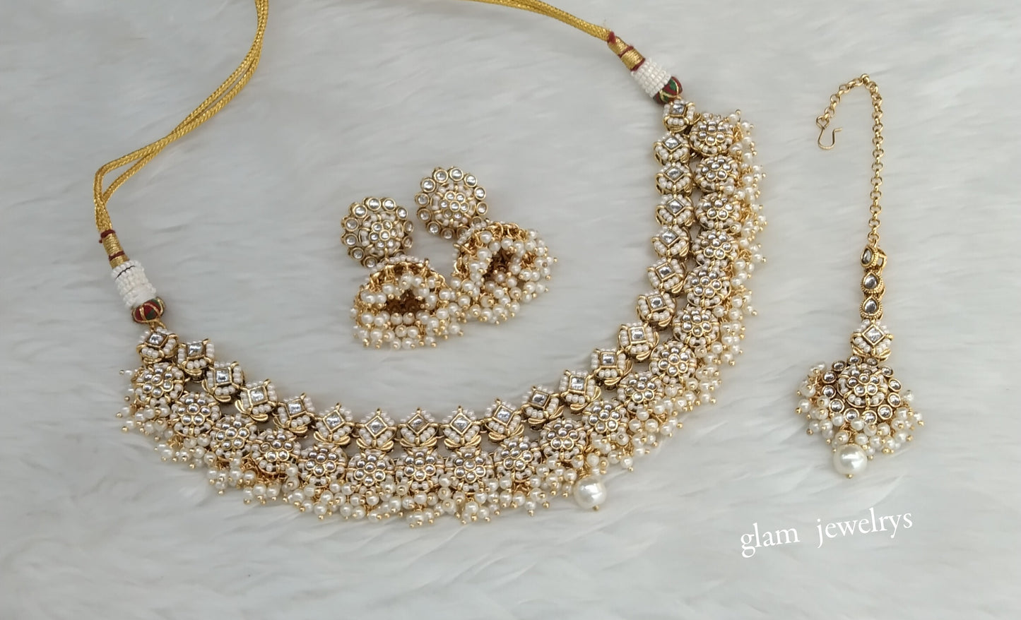 Gold White Kundan necklace Set/ kundan Indian jewellery Mila sets