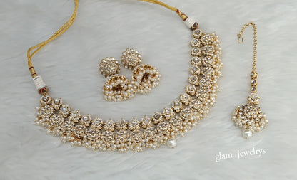 Gold White Kundan necklace Set/ kundan Indian jewellery Mila sets