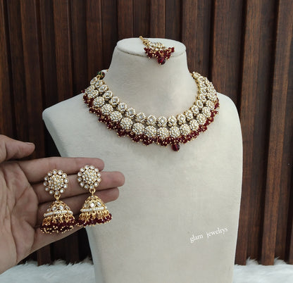 Gold Maroon Kundan necklace Set/ kundan Indian jewellery Mila sets