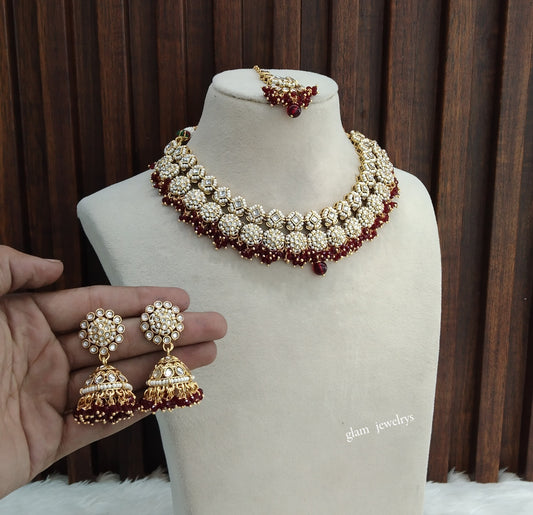 Gold Maroon Kundan necklace Set/ kundan Indian jewellery Mila sets
