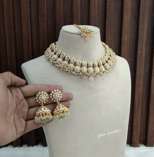Gold Mint Pink Kundan necklace Set/ kundan Indian jewellery Mila sets