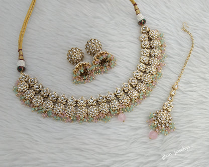 Gold Mint Pink Kundan necklace Set/ kundan Indian jewellery Mila sets