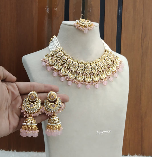 Gold Pink Kundan necklace Set/ kundan Indian jewellery Mia sets