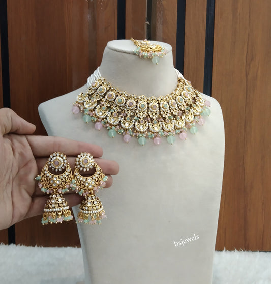 Gold Mint Pink Kundan necklace Set/ kundan Indian jewellery Mia sets