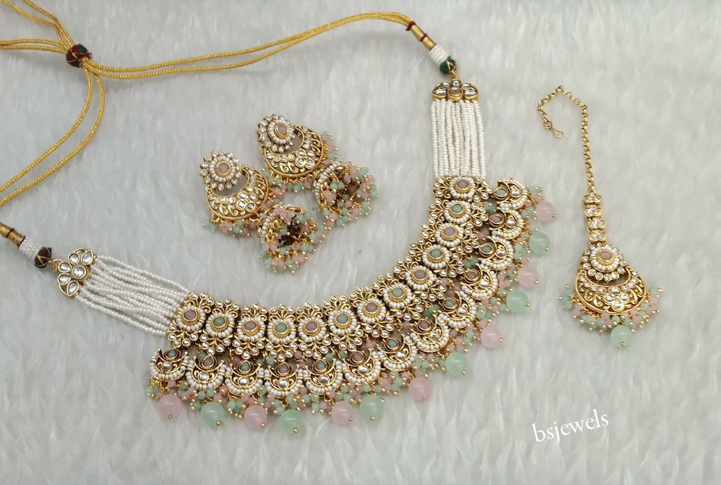 Gold Mint Pink Kundan necklace Set/ kundan Indian jewellery Mia sets