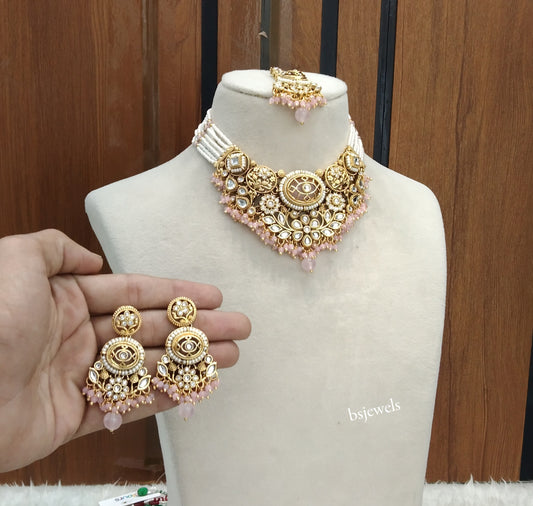 Gold Pink Kundan necklace Set/ kundan Indian jewellery Zuri sets