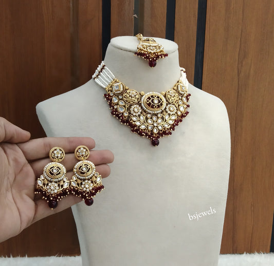 Gold Maroon Kundan necklace Set/ kundan Indian jewellery Zuri sets