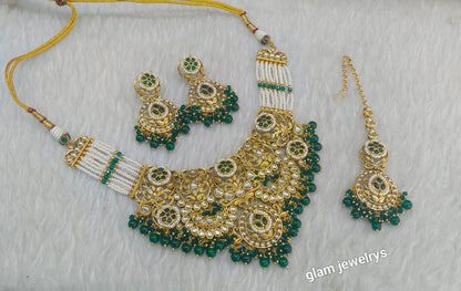 Gold Green Kundan necklace Set/ kundan Indian jewellery Gargi sets