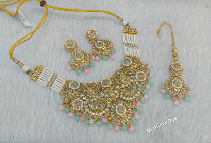 Gold Mint pink Kundan necklace Set/ kundan Indian jewellery Gargi sets