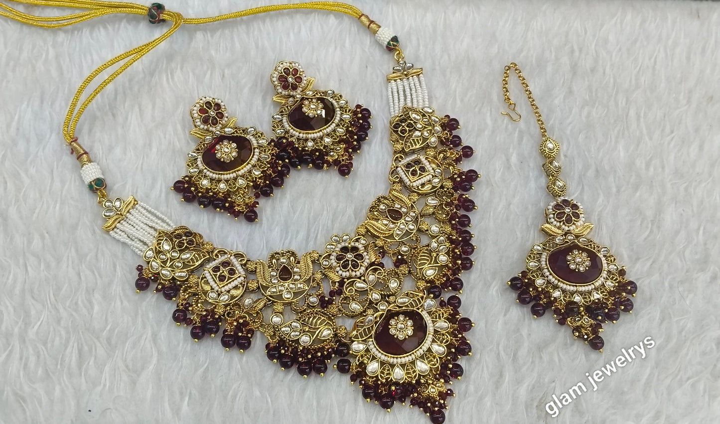 Gold Maroon Kundan necklace Set/ kundan Indian jewellery Vina sets