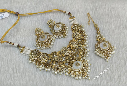 Gold White Kundan necklace Set/ kundan Indian jewellery Vina sets