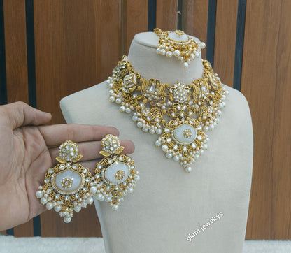 Gold White Kundan necklace Set/ kundan Indian jewellery Vina sets