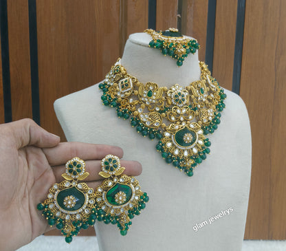Gold Green Kundan necklace Set/ kundan Indian jewellery Vina sets