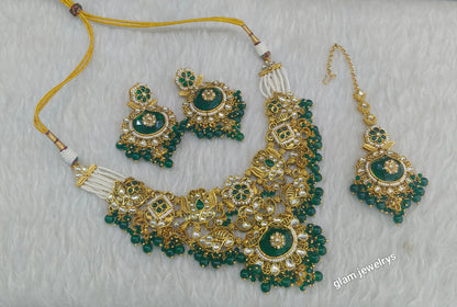 Gold Green Kundan necklace Set/ kundan Indian jewellery Vina sets