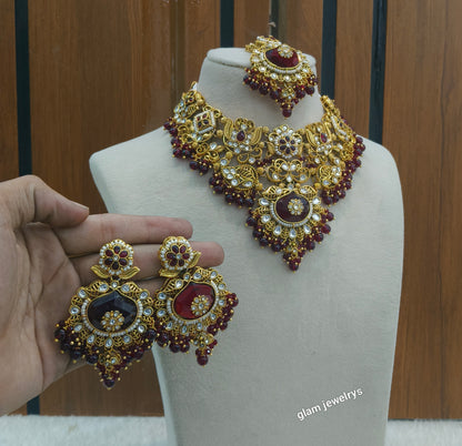 Gold Maroon Kundan necklace Set/ kundan Indian jewellery Vina sets