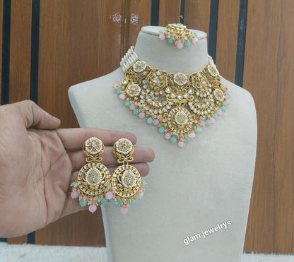 Gold Mint pink Kundan necklace Set/ kundan Indian jewellery Gargi sets