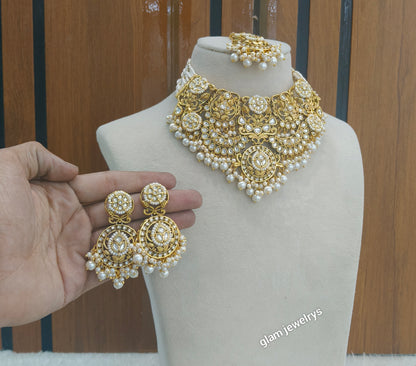 Gold White Kundan necklace Set/ kundan Indian jewellery Gargi sets