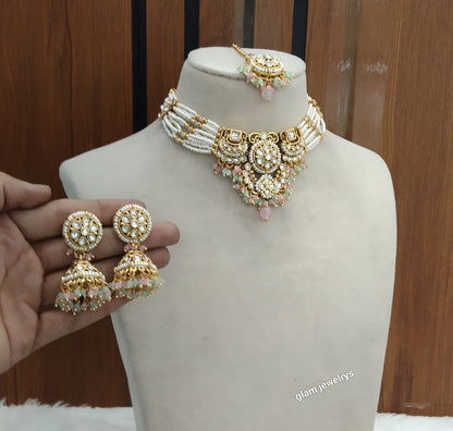 Mint Pink Kundan Choker Indian jewellery Emillia sets