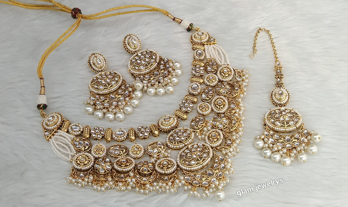 Gold White Kundan necklace Set/ kundan Indian Naomi jewellery  sets