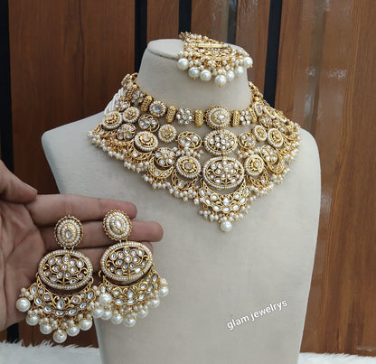 Gold White Kundan necklace Set/ kundan Indian Naomi jewellery  sets