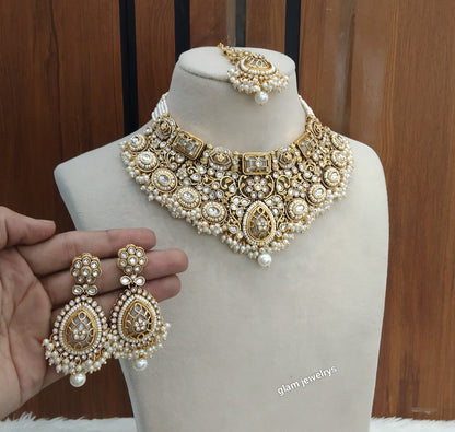 Gold White Kundan necklace Set/ kundan Indian Grace jewellery  sets