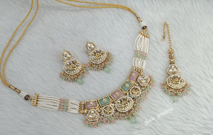 Gold Mint Pink Kundan necklace Set/ kundan Indian jewellery Sylvia sets