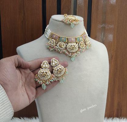 Gold Mint Pink Kundan necklace Set/ kundan Indian jewellery Sylvia sets