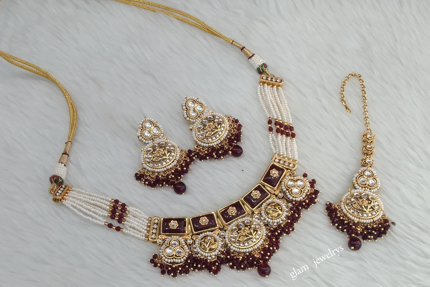 Gold Mroon Kundan necklace Set/ kundan Indian jewellery Sylvia sets