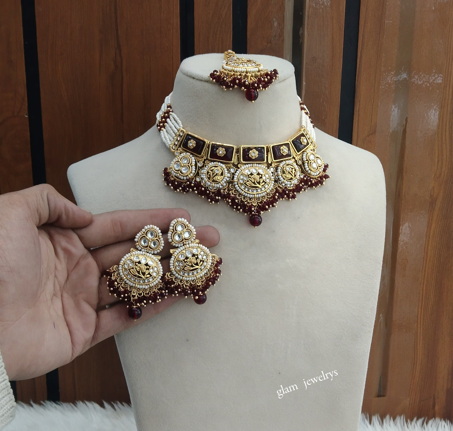 Gold Mroon Kundan necklace Set/ kundan Indian jewellery Sylvia sets
