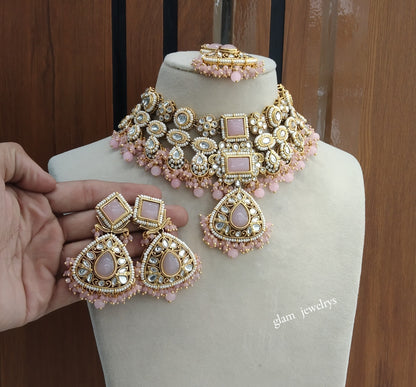 Gold Pink Kundan necklace Set/ kundan Indian jewellery Lily sets