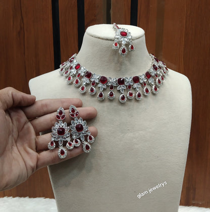 Silver Maroon Necklace Ada sets