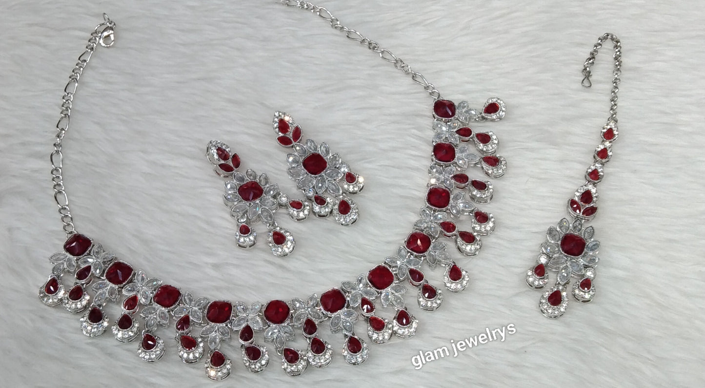 Silver Maroon Necklace Ada sets