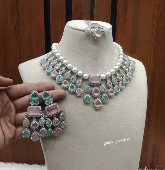 Silver Mint Pink Necklace Kylie sets
