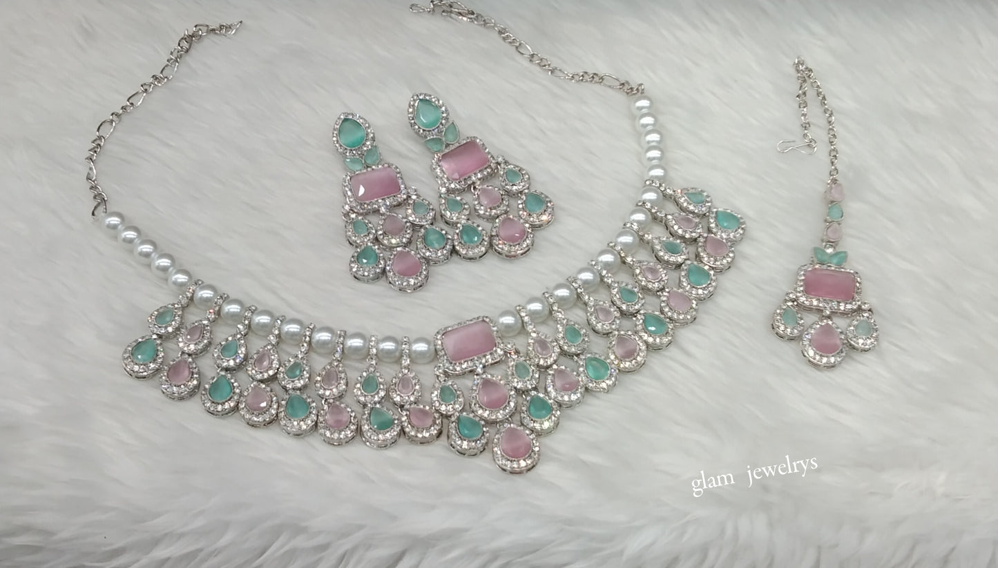 Silver Mint Pink Necklace Kylie sets