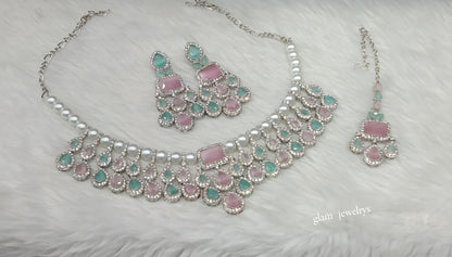 Silver Mint Pink Necklace Kylie sets