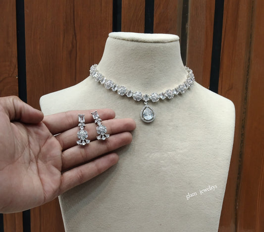 Silver American Diamond AD Avery Necklace Set /Indian Necklace Sets