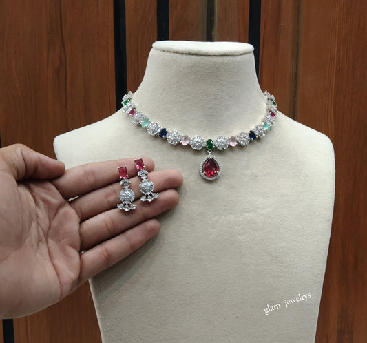 Silver Multi Color American Diamond AD Avery Necklace Set /Indian Necklace Sets