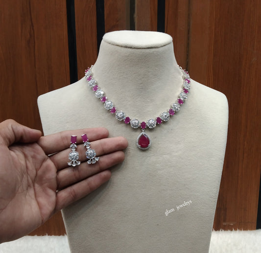 Silver Ruby American Diamond AD Avery Necklace Set /Indian Necklace Sets