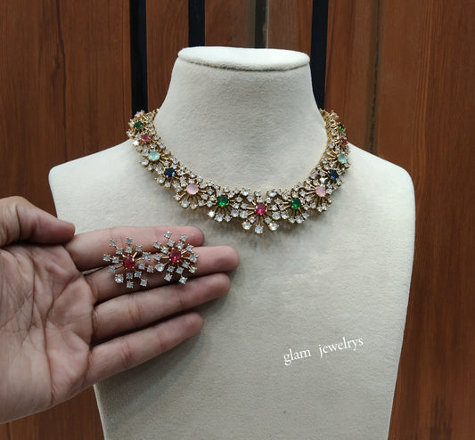 Antique Multi Color American Diamond AD Eden Necklace Set /Indian Necklace Set