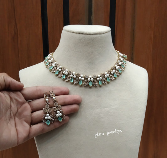 Antique Mint American Diamond AD Riley Necklace Set /Indian Necklace Sets