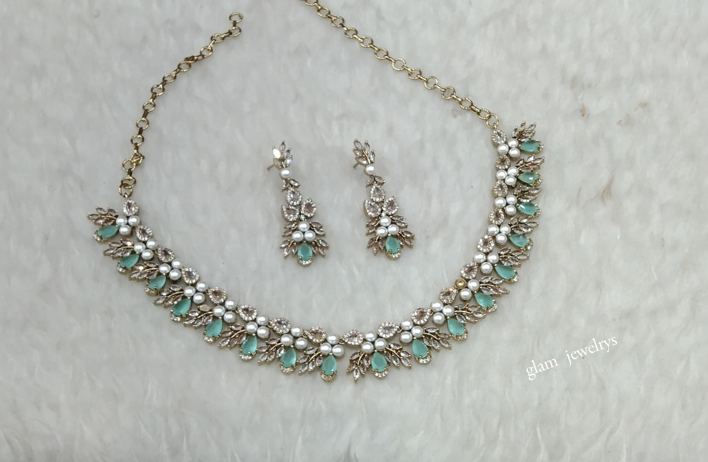 Antique Mint American Diamond AD Riley Necklace Set /Indian Necklace Sets