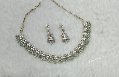 Antique Mint American Diamond AD Riley Necklace Set /Indian Necklace Sets