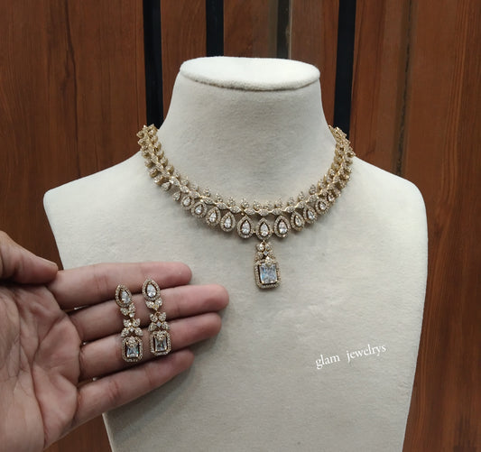 Antique White American Diamond AD Emery Necklace Set /Indian Necklace Sets
