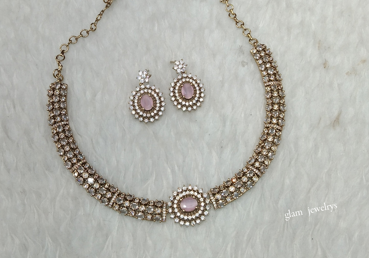 Antique Pink American Diamond AD Payton Necklace Set /Indian Necklace Sets