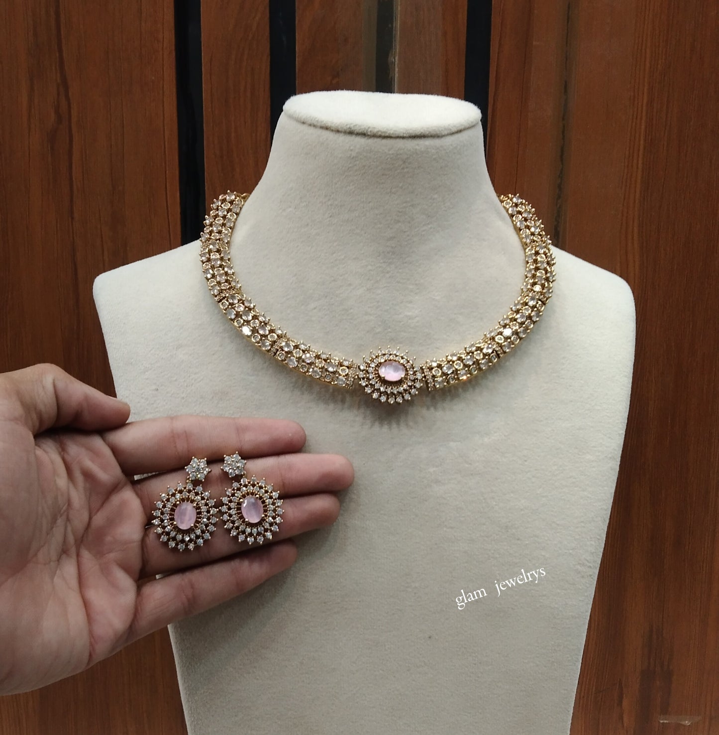 Antique Pink American Diamond AD Payton Necklace Set /Indian Necklace Sets