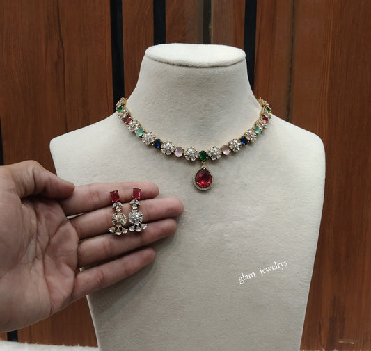 Antique Multi Color American Diamond AD Geeta Necklace Set /Indian Necklace Sets