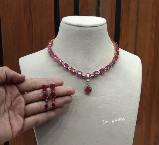 Antique Ruby American Diamond AD Finley Necklace Set /Indian Necklace Sets