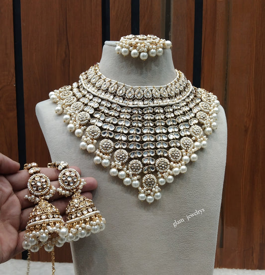 Indian Jewellery/ Gold white Bridal Kundan necklace Set Bridal Jewellery Tatum Necklace